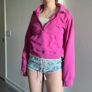 American Eagle Hot Pink Half-Zip Crop Sweatshirt